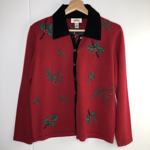Talbot Wool Christmas Red Jacket Sweater Sz M Poinsettia Embroidered Velvet Knit - Picture 1 of 8